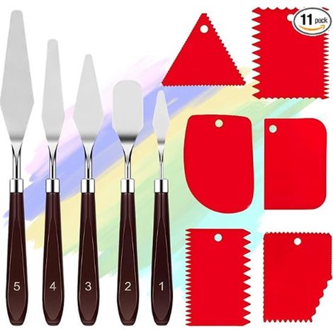 Ensemble de 11 couteaux à palette pour peintre - Couteaux à palette avec 6 racloirs en plastique - Lame en acier inoxydable - Accessoires pour peinture à l'huile - Pour peindre et texturer sur toile e (1/5)