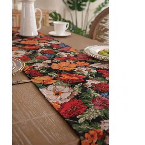 Mantel jacquard, fondo negro con flores y flecos rojos para fiestas, días festivos, banquetes al aire libre y decoración de bodas (33160 cm) (1/5)