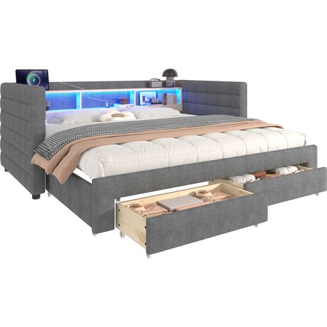 Lit banquette 90x190 cm LED USB-C tiroirs rangement velours gris