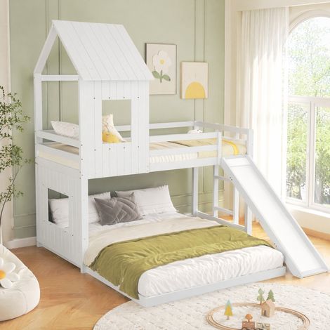 DESMIU Lit superposé cabane 140 × 200 cm et 90 × 200 cm avec toboggan, échelle, sans matelas, blanc (1/5)