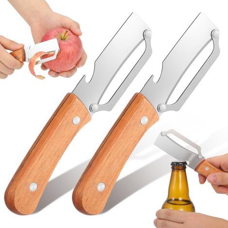 2-in-1 Multifunctional Vegetable Peeler with Bottle Opener, Wooden Handles, Stainless Steel Blade, Kitchen Utensils for Fruits and Vegetables (2 PC) (1/5)