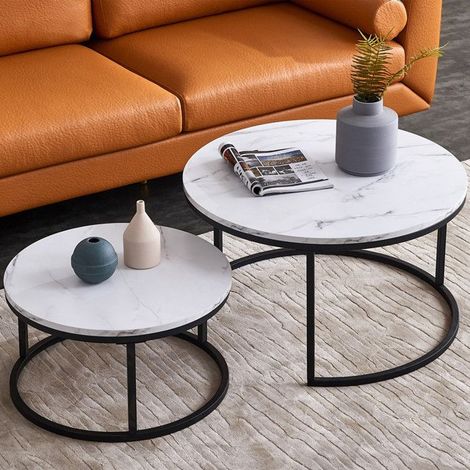 Runde, patentierte Couchtisch-Garnitur, Material in Marmor-Optik, schwarzes Metallgestell, 80cm, modernes und luxuriöses Design.