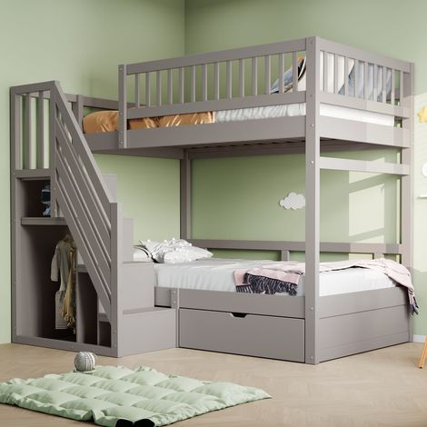 Lit superposé enfant 90x200 cm avec sommier inclus, sans matelas, lit mezzanine en bois massif avec barrières de sécurité, escalier avec rangements et tiroir, gris (1/5)