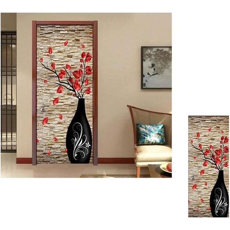 3D Trompe-l'Œil Photo Door Sticker - Red Flower Vase Decal for Bathroom, 77x200cm (1/5)