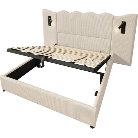 Letto matrimoniale 180x200 in velluto beige con lampada da lettura USB-C e vano contenitore (1/5)