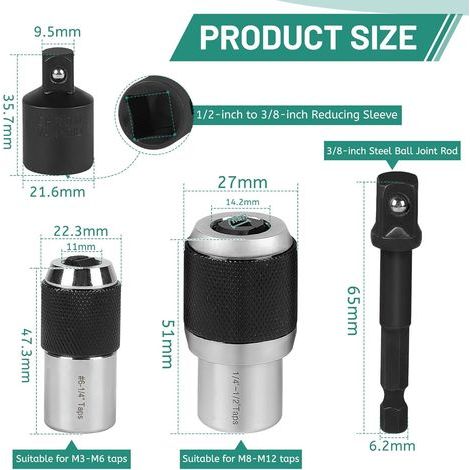 LALAGO 2 Pièces Clé à Taraud Réglable Adaptateur 3/8" avec 2 Raccords, Extracteur de Tarauds Réglable M3-12, Sockets Réglables pour Taraudage, Alésoirs et Vis Cassées pour Extraire les Vis (1/4)