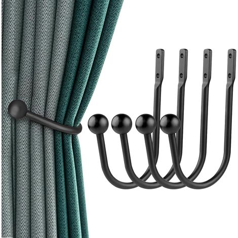 Ensemble de 4 supports de rideaux, embrasses, crochets, fixations murales pour rideaux, supports de rideaux, fixations murales pour salon, chambre et plus encore (noir mat) (1/5)