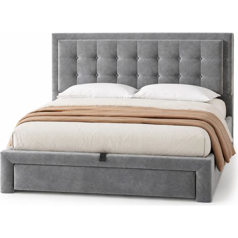 Lit coffre 140x200 avec tiroirs, tête de lit réglable, velours gris, grand rangement et structure stable pour chambre élégante - CHICFURN (1/5)