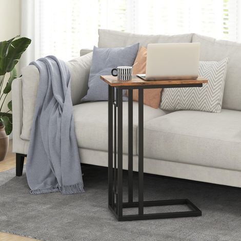 Table d'Appoint en Forme de ‘C’ Table d'Appoint Compacte pour Petit Espace Cadre en Métal Robuste Pieds Réglables Marron Rustique (1/3)