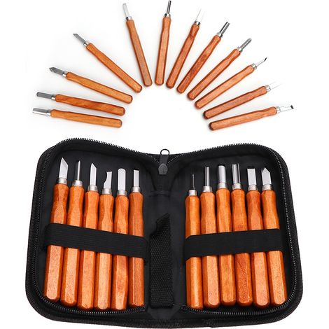 Jeu de 12 couteaux à sculpter le bois, imitation acajou, manche gravé, outillage professionnel pour menuiserie et artisanat, lot complet (1/5)