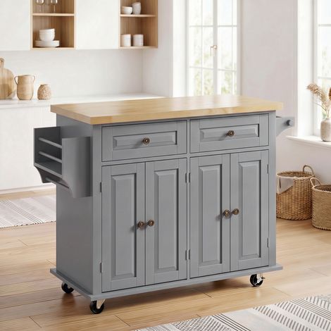 Îlot Central Cuisine avec Plateau en Hévéa, Desserte de Cuisine sur Roulettes avec 2 Tiroirs, 111 x 44,5 x 82,5 cm, Gris (1/5)
