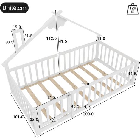 Hausbett 90×190 cm, Einzelbett Kinder mit Rausfallschutz mit Verschluss, ohne Matratze, Weiß (1/4)