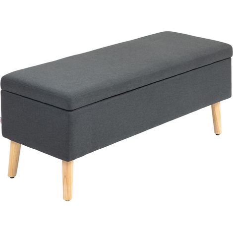 Banquette capitonnée avec espace de rangement, banquette de lit aspect lin, bois d'hévéa, 110 x 39 x 45 cm, gris foncé (1/4)