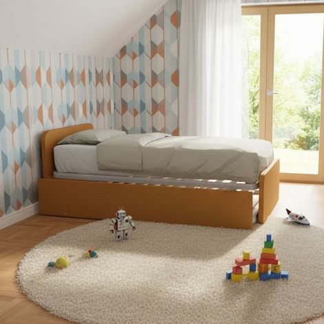 Letto singolo con letto estraibile, trasformabile in matrimoniale. Testate personalizzabili, reti in acciaio e doghe in faggio - Zolfo