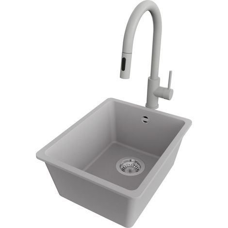 PRIMAGRAN Evier Sous Plan 36x44cm,Evier en Granit 1 bac + Robinet 40x20cm + Kit de Vidage, Évier au meuble 40cm - Venise Easy, Gris (1/5)