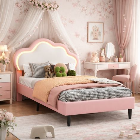 Lit enfant fille 90x200 cm, lit simple rembourré pour enfant avec lumière LED réglable, lit princesse avec tête de lit nuage, avec tête de lit LED réglable en hauteur, PU, rose (1/5)