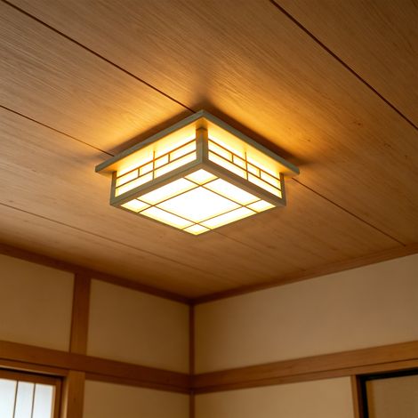 Plafonnier LED de style chinois 35 × 35cm, plafonnier rustique en bois, luminaire carré, Luminaire (1/5)