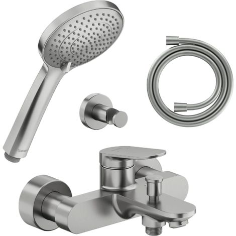 Conjunto de mezclador mécanico para bañera/ducha DURAVIT Wave + cabezal de ducha universal 3 chorros + manguera de 160 cm + soporte acero inoxidable cepillado (1/4)
