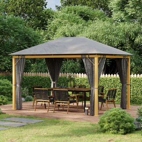 Tonnelle de jardin rectangulaire avec rideaux et toile de toit en polyester 4 x 3 m - structure en aluminium