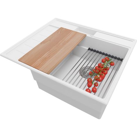 PRIMAGRAN Evier Cuisine en Granit 62x53cm, Lavabo 1 bac + Kit de Vidage + Accessoires, Évier à Encastrer au meuble 45cm - Sydney Pocket, Blanc (1/5)