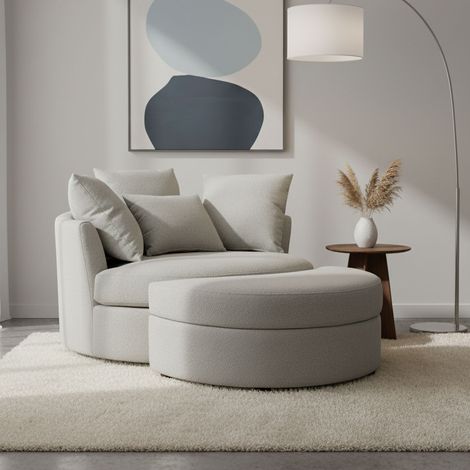 M&S – Fauteuil rond loveuse pivotante – Tissu texturé gris – Repose-pieds avec coffre de rangement – Dimensions 122x106x80 cm