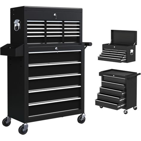 14 Drawer Black Tool Storage Chest on Wheels - Two-Part Design for Easy Mobility and Organization