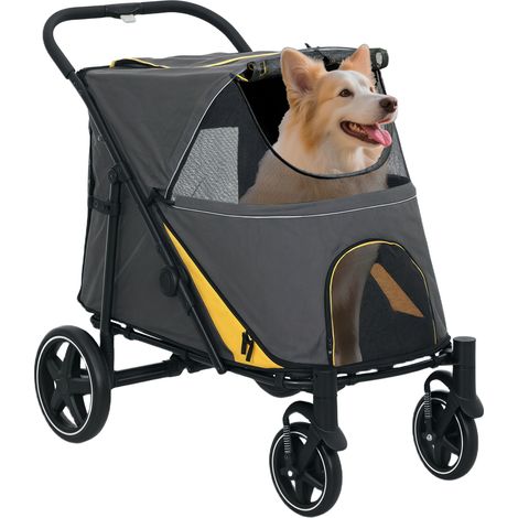 Poussette chien chariot, pour chat 4 roues pliage en un clic laisse de sécurité charge 30 kg 112 x 65 x 100 cm gris foncé