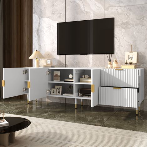 Mueble para TV con cajones, mueble para TV con tiradores dorados, patas doradas y pies ajustables. Puertas con estantes. (1/5)