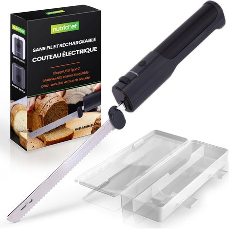 Couteau Électrique de Cuisine – Couteau à Découper pour Viande, Volaille, Pain et Fromage, Lames en Acier, Modèle Sans Fil, Bouton Sécurité ON/OFF, Noir (1/5)