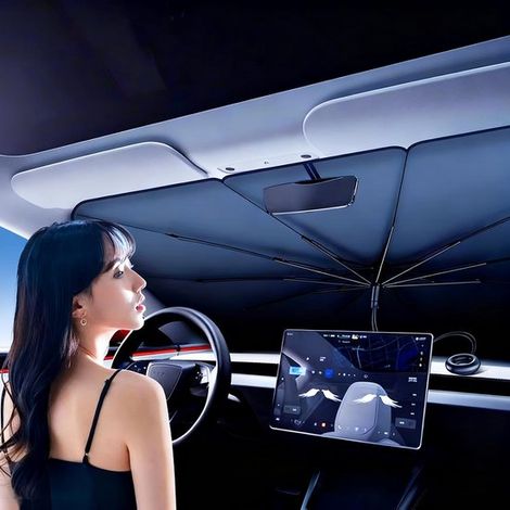 Pare-soleil de voiture - parapluie pliable pour pare-brise - protection UV - pare-soleil de voiture - Pare-soleil de pare-brise 140 × 80 cm - Universel avec ouverture et sac de rangement - Argenté