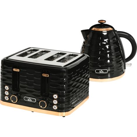 Wasserkocher Toaster Set Frühstück-Set mit 1,7L Wasserkocher, 4 Scheiben Toaster, 2200 W, 7 Bräunungsstufen, Auftauen, Aufwärmen und Krümelfach, Otter Thermostat, Schwarz