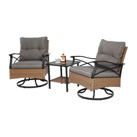 Salon de jardin rotatif 3 pièces avec 2 fauteuils pivotants et table basse en résine tressée (1/5)
