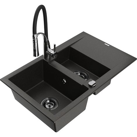 Mexen Gaspar lavello in granito 1,5 vasca con gocciolatoio e rubinetto da cucina Aster, nero/oro metallico - 6507-75-73450-07-B (1/5)