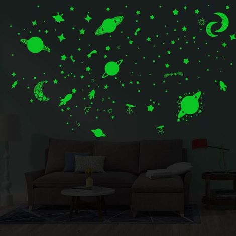 Stickers muraux phosphorescents étoiles et planètes, galaxie, lune, étoiles, fusée, plafond, autocollants muraux pour chambre à coucher, salon, anniversaire, décoration de Noël Vert (1/4)
