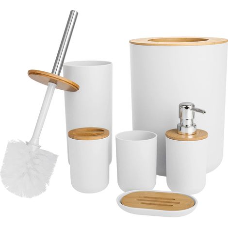 6 Pieces Bathroom Accessories- Bathroom Bin And Toilet Brush Set- Durable Toothbrush Holder Cup- Soap Dispenser With Pump- Soap Dish Holder- Modern Trash Can (White)