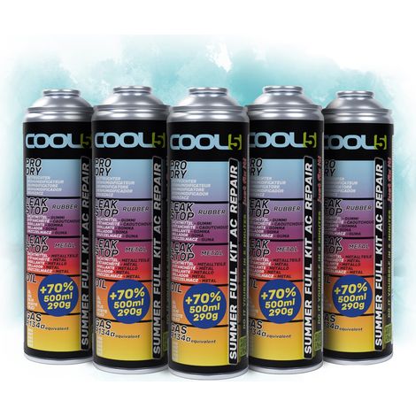 COOL5 5in1 – 5-teiliges Klimaanlagen-Reparaturset, Kältemittel-Nachfüllung (R134a) für Pkw-Klimaanlagen (Baujahre 1995–2016) – 5 Dosen + 500 ml APC