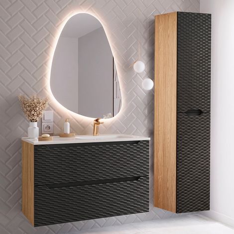 Waschtisch und Hängesäule 90cm Elora mit 2 Schubladen, Schwarz und Holzoptik (1/5)