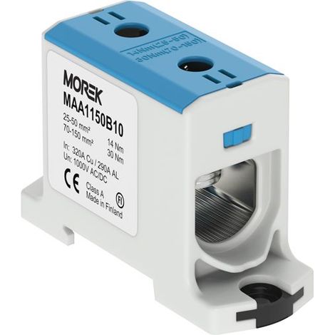 Bloc de jonction alu cuivre bleu (neutre) 25 à 150mm² 1000V AC/DC - Rail DIN - MOREK (1/2)
