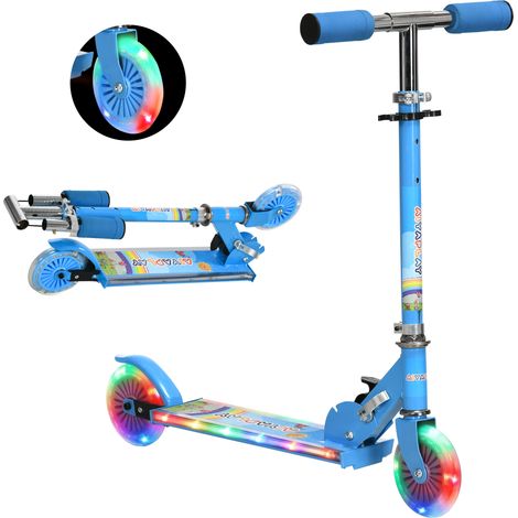 Trottinette pour enfants pliable, lumières musicales Hauteur réglable Roues brillantes Charge pédale LED 50kg 67x32x65-78 cm Bleu