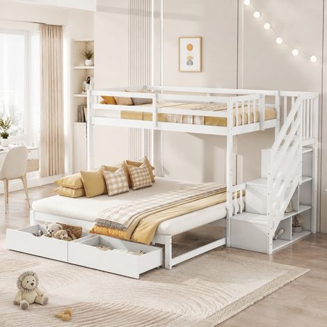 Letto a castello 90 x 200 cm con letto estraibile, scala contenitore e 2 cassetti bianco DESVIAE (1/5)