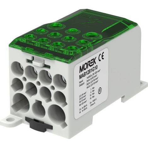 Bloc distribution alu cuivre 280A vert - in 1x120mm² - out 2x35/5x16/4x10mm² - MOREK