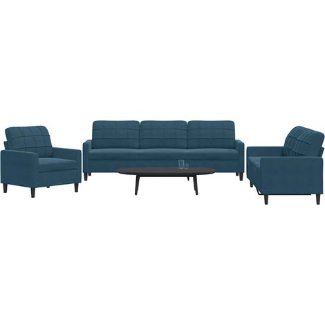 3-tlg. Sofagarnitur mit Kissen Blau Samt