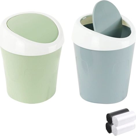2PCS Small Trash Can Mini Desktop Trash Can, Tabletop Mini Plastic Trash Bin with Swing Lid(Blue, Green) (1/5)