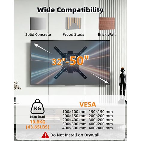 Support Mural TV Rotatif 360° Bras Articulé pour Écrans 32 - 50 Pouces - Inclinaison Réglable, VESA 400x400mm, Capacité Max 19,8kg DY3255 (1/4)