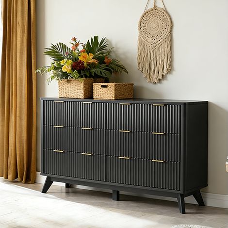 Commode 6 Tiroirs à Panneaux Canelés, Plateau Faux Marbre, Profil Courbé - Meuble TV 137 cm Large, Organisateur en Bois pour Chambre Salon Couloir,Panneau de Particules Gris Foncé (1/5)