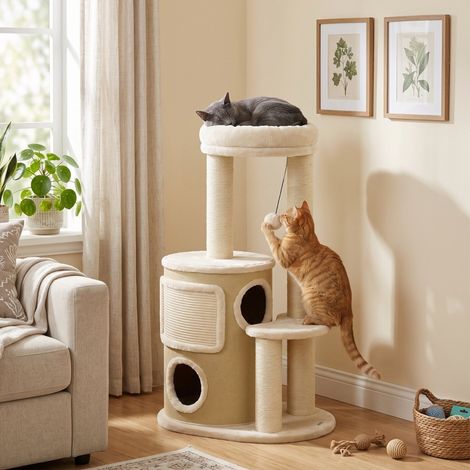 Árbol rascador para gatos con barril rascador de 2 pisos, postes rascadores de sisal, plataforma, tablero de sisal, pelota de juego, para gatos de hasta 5 kg. (1/5)