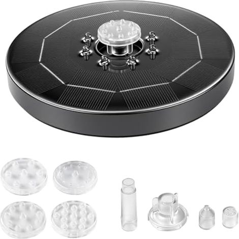 Fontaine solaire avec lumières colorées, pompe à eau solaire 3 W avec 8 buses, batterie 1500 mAh (1/5)