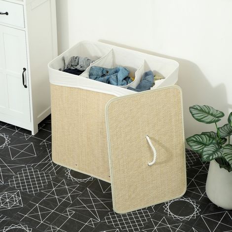 Panier à linge à trois compartiments avec couvercle, panier à linge en bambou 144 L avec poignées en corde (1/5)