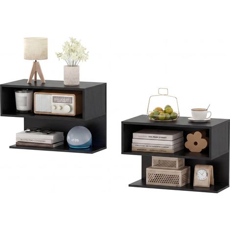 COSTWAY Table de Chevet Murale avec Étagères Ouvertes (2,Noir) (1/5)