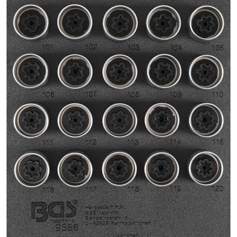 BGS bandeja para carro de taller 1/6: Juego de herramientas para tuercas de rueda Opel (Tipo A) 20 piezas - 9556
